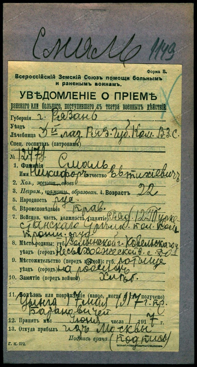22-річний рядовий російської армії Никифор Смаль, який під час Першої світової захворів на цингу, ймовірно, був сином загиблого Євтихія Смаля. Фото з gwar.mil.ru.