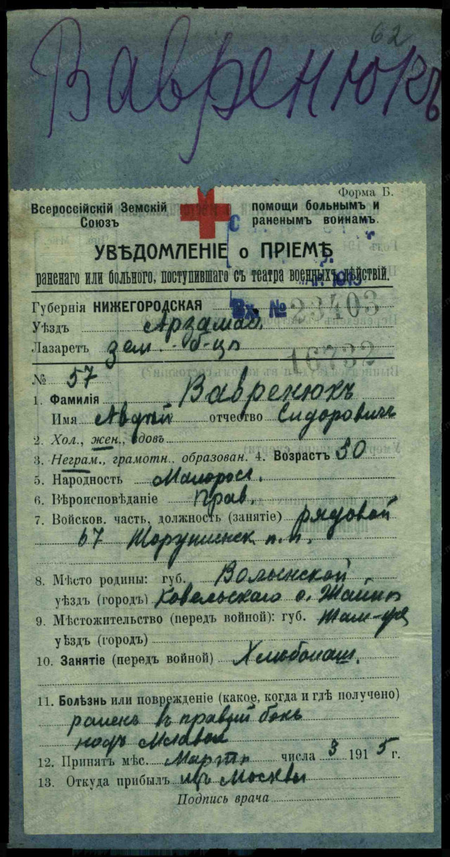 Повідомлення про прийом в госпіталь м. Арзамас пораненого солдата 67-го піхотного Тарутинського полку російської армії, уродженця с. Шайно Авдія Вавренюка