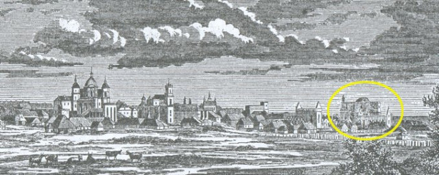 Костел кармелітів (обведений) у поруйнованому стані на зображенні Казимира Кшижановського з часопису Tygodnik ilustrowany 1865 року