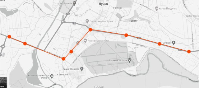 Перший міський автобусний маршрут і зупинки 1911 року на мапі сучасного Луцька
