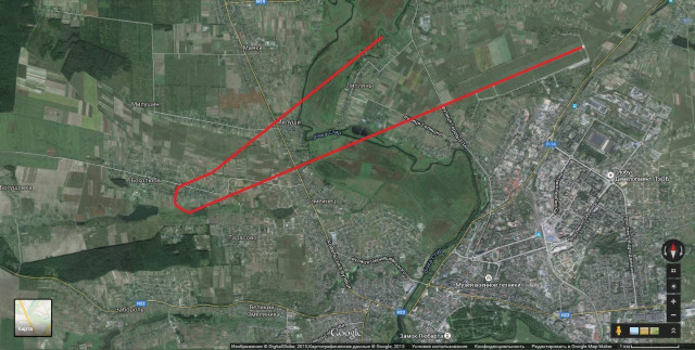Маршрут польоту аварійного бомбардувальника Су 24 18 серпня 1999 року від моменту початку руху по злітно-посадковій смузі Луцького військового аеродрому до місця падіння