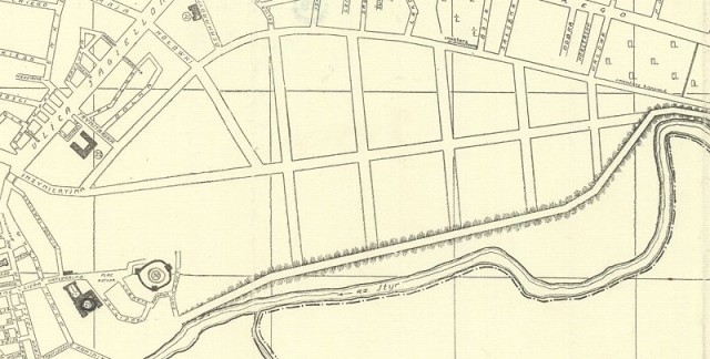 Вулиця Інженерна на плані Луцька 1939 року. В центрі – запланована траса, зверху, як зараз, – фактична