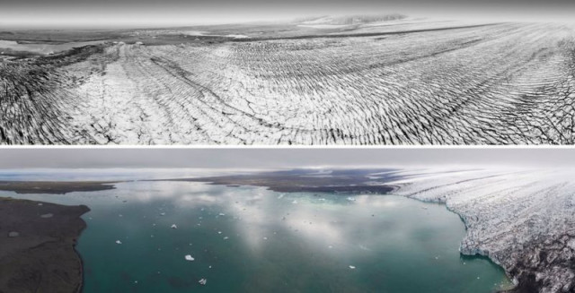 Зображення льодовика Брейдамеркурйокулл, зроблені у 1989 р. (вгорі) і в 2019 р. (внизу), показують, скільки льоду було втрачено за цей період