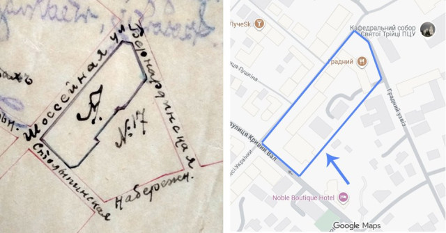 Ділянка Гути в 1919 році (зліва) і це місце на карті синім (справа)