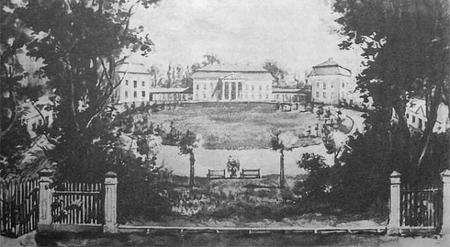 Палац на малюнку невідомого автора на зламі ХІХ-ХХ століть. Зображення з книги Романа Афтаназі Dzieje rezydencji na dawnych kresach Rzeczypospolitej