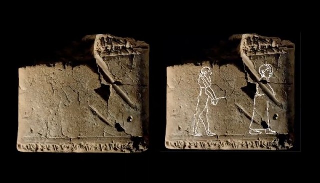 Ліворуч - фотографія глиняної таблички з Вавилону віком близько 3500 років, праворуч на ній - підкреслені силуети фігур, одна з яких зображує, ймовірно, привида