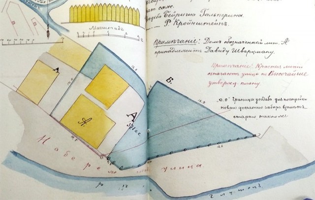 План 1907 року з червоною лінією, яка означає контур Набережної