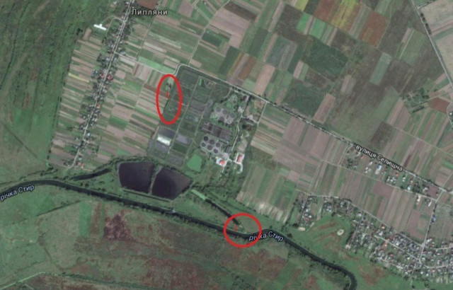 1 – місце, де досі тліє суха трава. 2 – місце де в Стир зливають забруднену воду