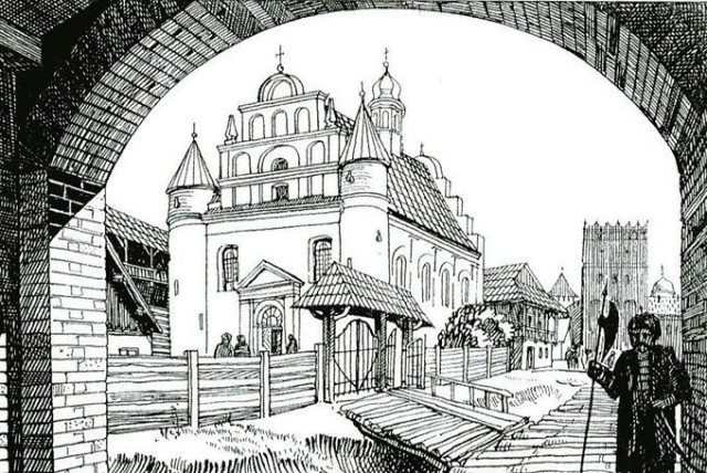 Вигляд на кафедральний костел святої Трійці у XVI столітті з-під Воротньої вежі Окольного замку. Справа унизу зображене типове мощення того часу. Реконструкція архітектора Ростислава Метельницького. Зображення з книги «Римо-католицькі святині Луцька»