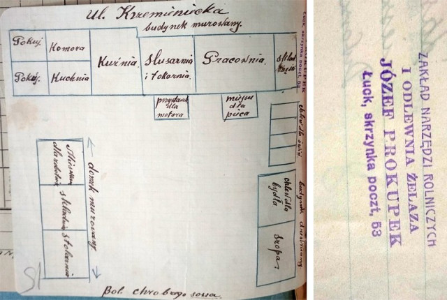 Схема ливарні і штамп підприємства. Зображення з Державного архіву Волинської області
