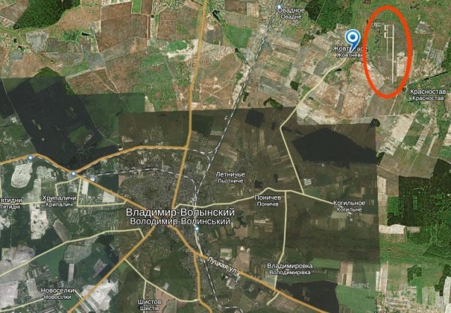 Військовий аеродром Жовтневе Володимир Волинського району на карті