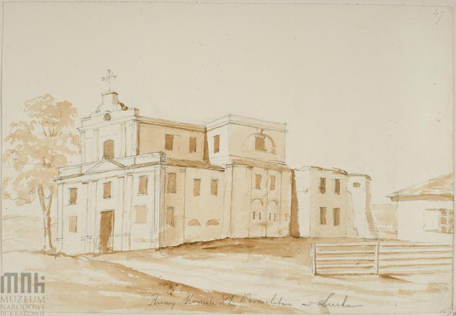 Стан костелу після руйнівних пожеж ХІХ століття. Малюнок Наполеона Орди