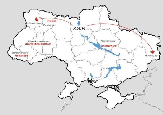 Червоним на карті позначені назви міст, у яких виявили перших хворих у регіонах (наприклад, Кременчук – Полтавська). Стрілками – повернення хворих (Луганщина) та можливе перенесення інфекції (Волинь) з Києва
