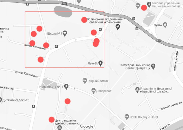 Вілли на карті сучасного Луцька. Прямокутником позначено квартал найбільшої концентрації