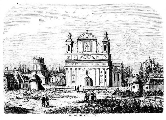 Вид на містечко Олику, ХІХ ст. (у центрі – колегіальний костел Святої Трійці)