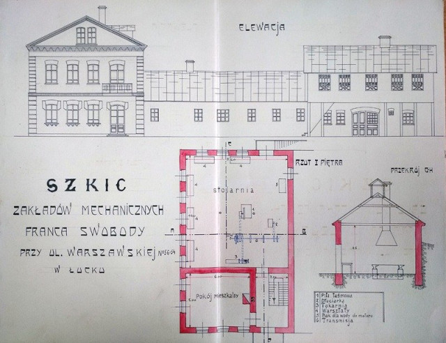 Фасад та переріз ливарні Свободів. Зображення з Державного архіву Волинської області