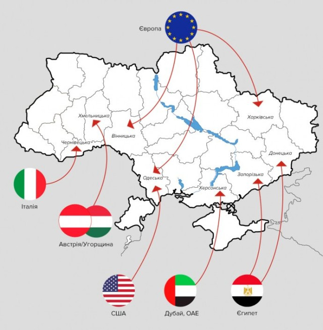 На карті позначені країни та регіони, з яких поверталися перші офіційно встановлені хворі на коронавірус