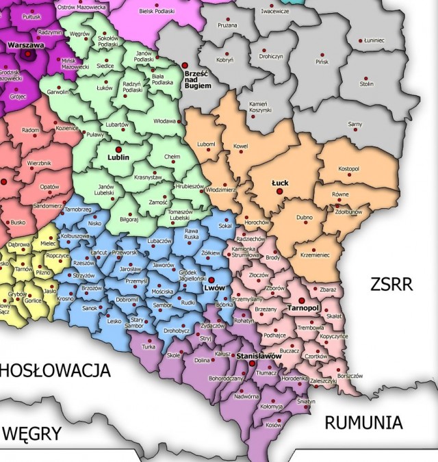 Польські воєводства та повіти на території Західної України до 1939 року