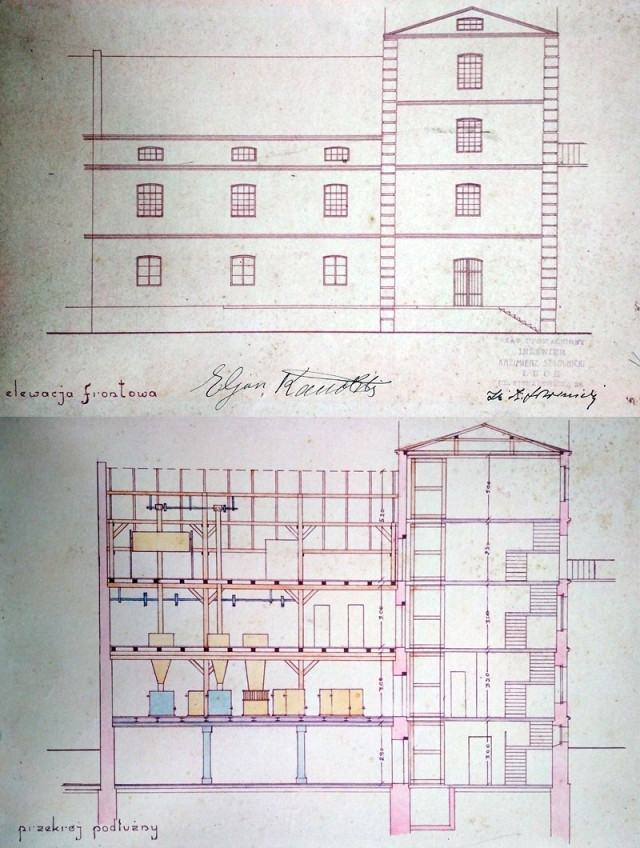 Фасад і переріз крупарні. Копія з Державного архіву Волинської області