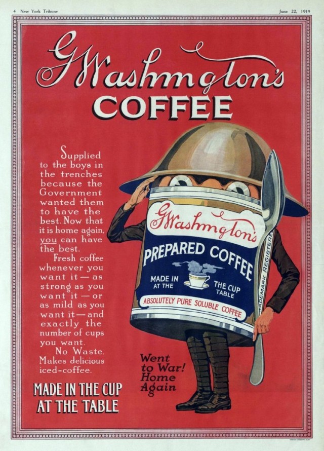 Післявоєнна реклама розчинної кави Вашингтона в газеті New York Tribune, 1919 рік