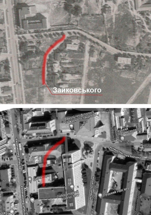 Трасування вулиці Зайковського на аерофото 1944 і в наш час